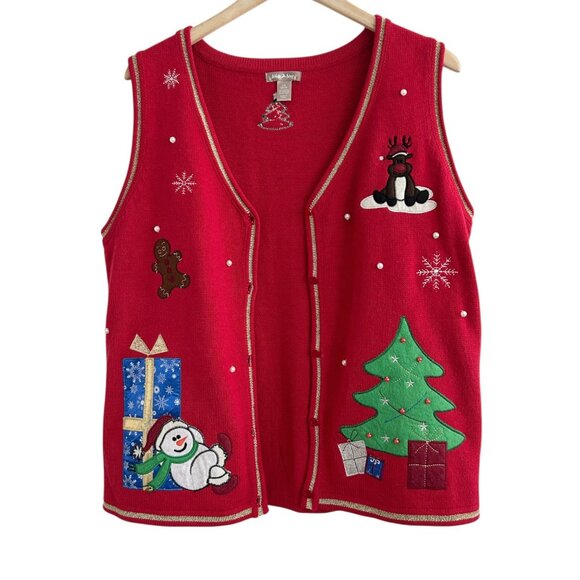 White Stag Red Christmas Applique Embroidered Beaded Sweater Vest (L) - Picture 9 of 16